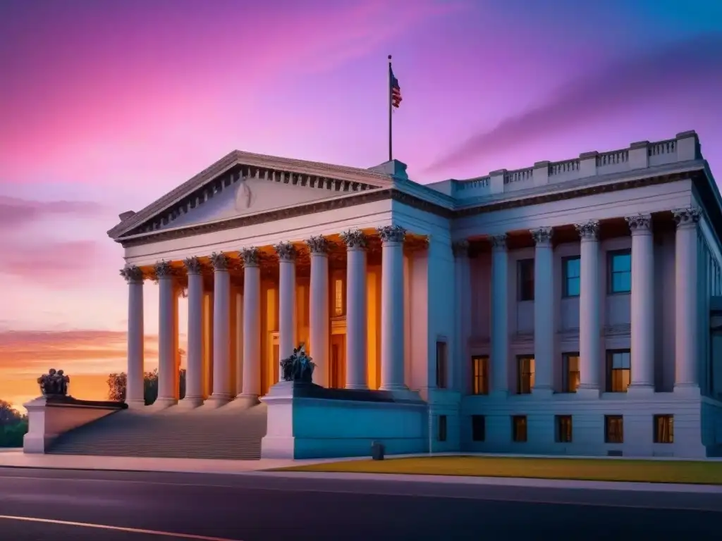 Corte de justicia al atardecer: majestuosa y serena Imponente palacio de justicia al atardecer, reflejando autoridad y estabilidad legal