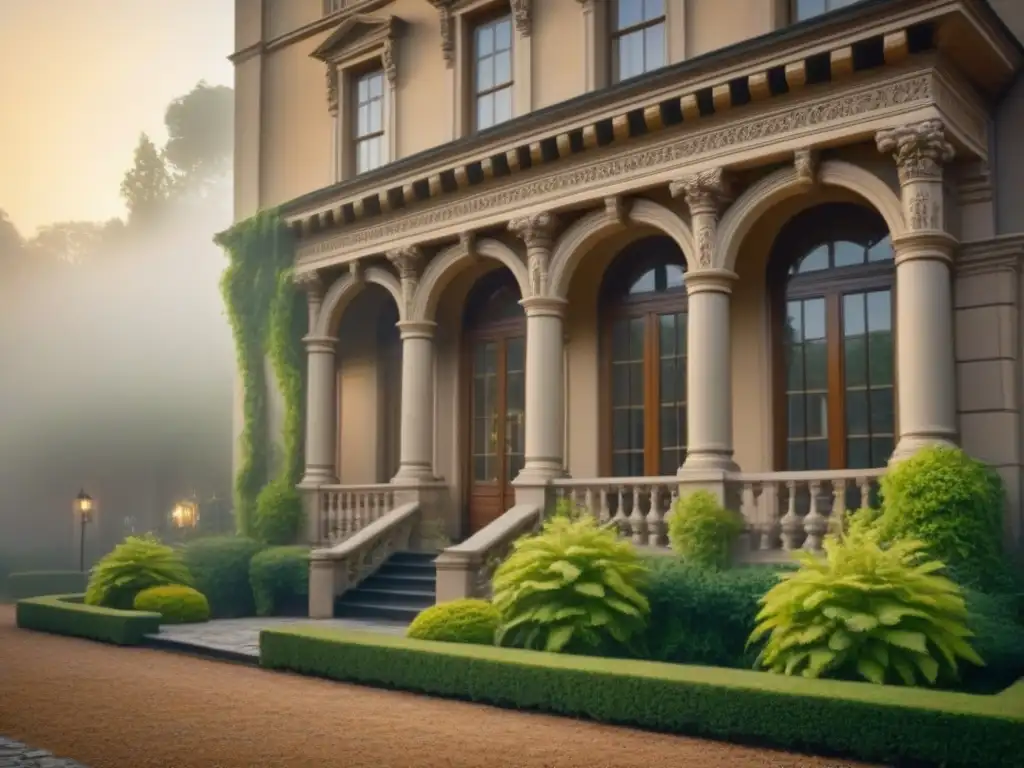 Majestuosa propiedad histórica restaurada con lujo y detalle Imponente propiedad histórica restaurada, con detalles arquitectónicos intrincados y una entrada majestuosa, bañada en luz dorada