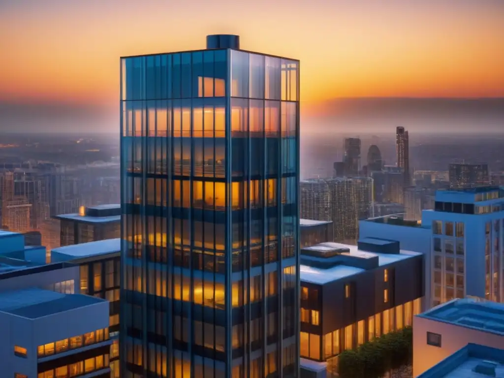 Edificio moderno al atardecer: simbolo de innovación en la ciudad Imponente rascacielos de cristal al atardecer, reflejando la ciudad