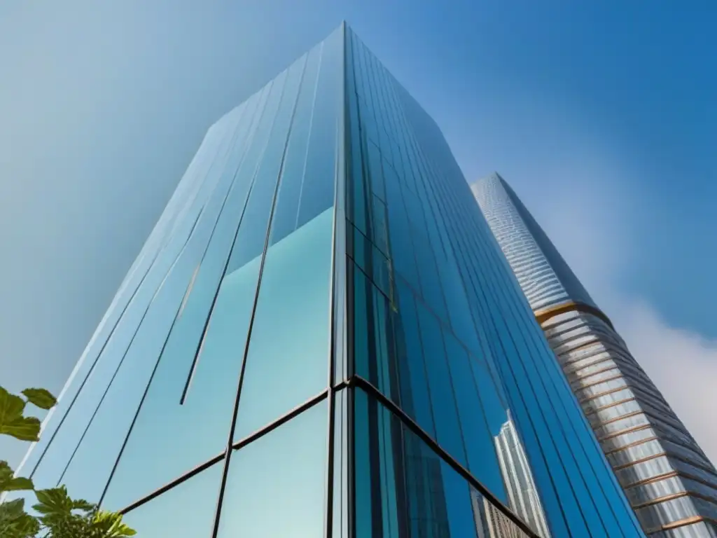 Rascacielos futurista en 8k: diseño vanguardista reflejando innovación Un imponente rascacielos futurista de vidrio y acero, reflejando el sol en un cielo azul