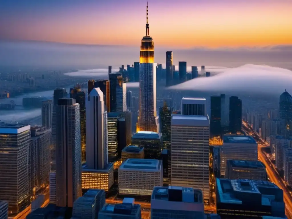 Rascacielos de lujo: reflejos dorados al atardecer Imponente rascacielos de lujo reflejando el atardecer dorado, rodeado de modernos edificios en una bulliciosa ciudad