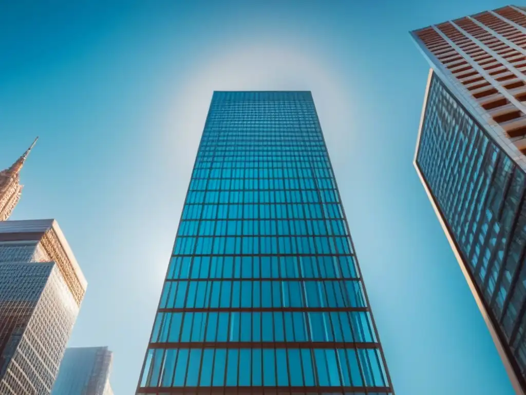 Rascacielos moderno en vidrio: símbolo de éxito financiero en bienes raíces Imponente rascacielos moderno de cristal reflejando la ciudad, simbolizando éxito y estabilidad financiera
