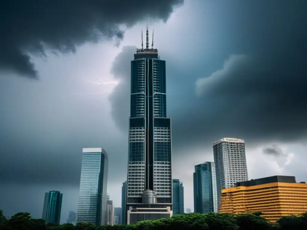 Amenaza inmobiliaria: rascacielos moderno en tormenta Imponente rascacielos moderno frente a un cielo tormentoso, reflejando los riesgos deflación inversiones inmobiliarias