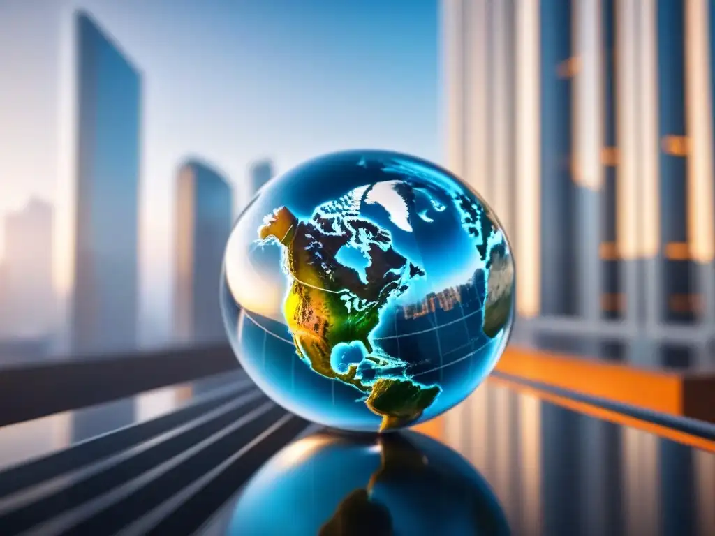 Rascacielos moderno en globo transparente: inversión global Imponente rascacielos moderno en globo transparente, simbolizando inversiones globales