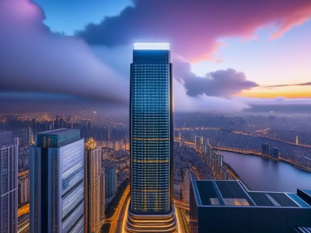 Rascacielos de lujo: reflejo de la opulencia en el mercado inmobiliario Imponente rascacielos moderno reflejando luces urbanas, simbolizando estrategias legales y transacciones de alto valor en el mercado inmobiliario