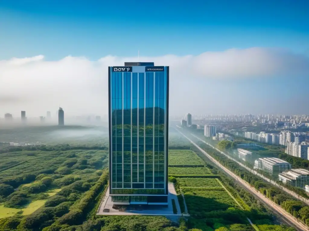 Esplendor urbano: rascacielos moderno en entorno verde Imponente rascacielos moderno rodeado de vegetación, reflejando la luz solar