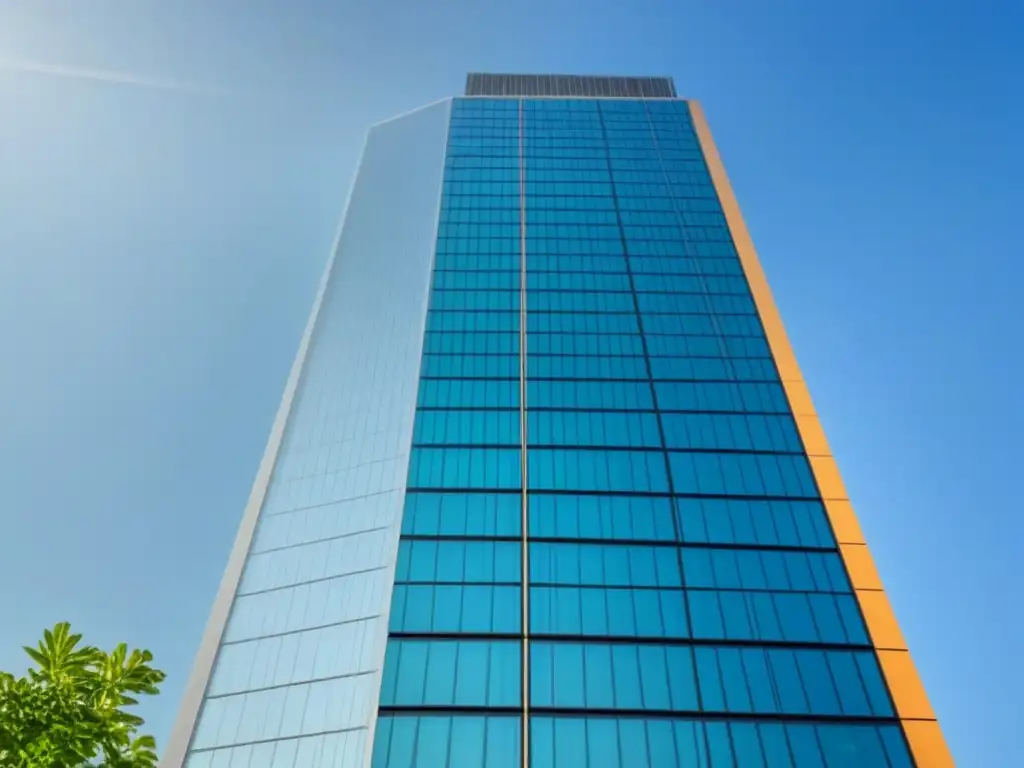 Rascacielos moderno: elegancia y seguridad en inversión Imponente rascacielos moderno rodeado de vegetación, bajo cielo azul