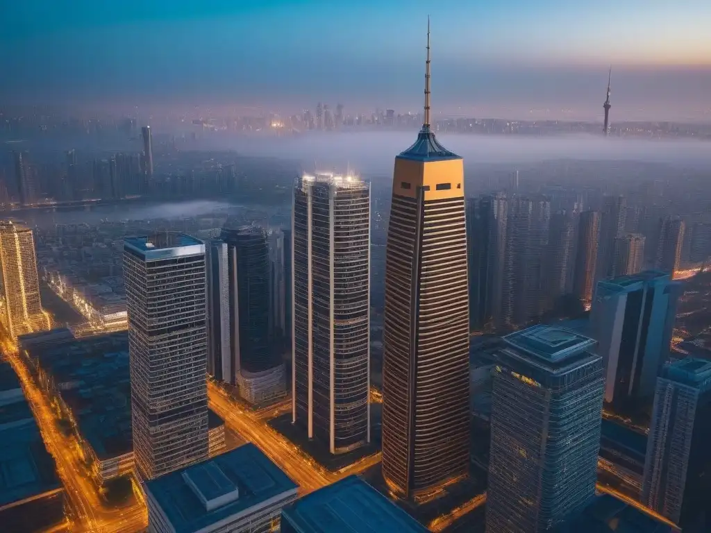 Rascacielos de lujo en ciudad vibrante al atardecer Un imponente rascacielos moderno en una vibrante ciudad al atardecer