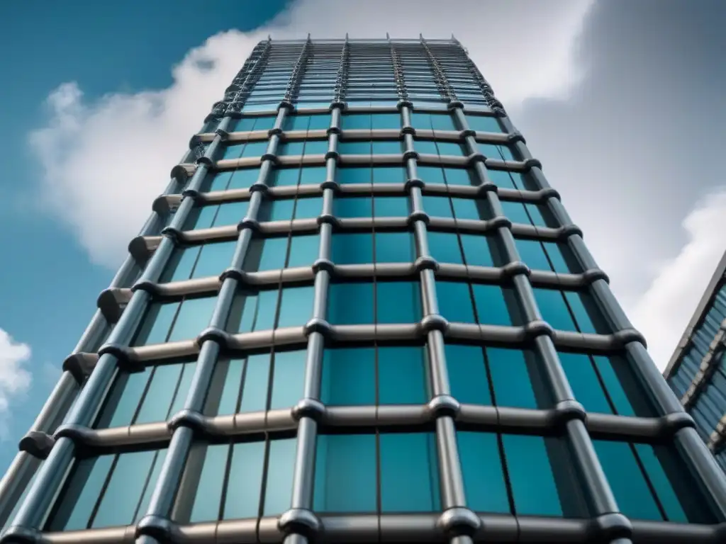 Edificio de lujo tras rejas: impacto visual de la corrupción inmobiliaria Imponente rascacielos rodeado de vallas, simbolizando la normativa anticorrupción en el sector inmobiliario