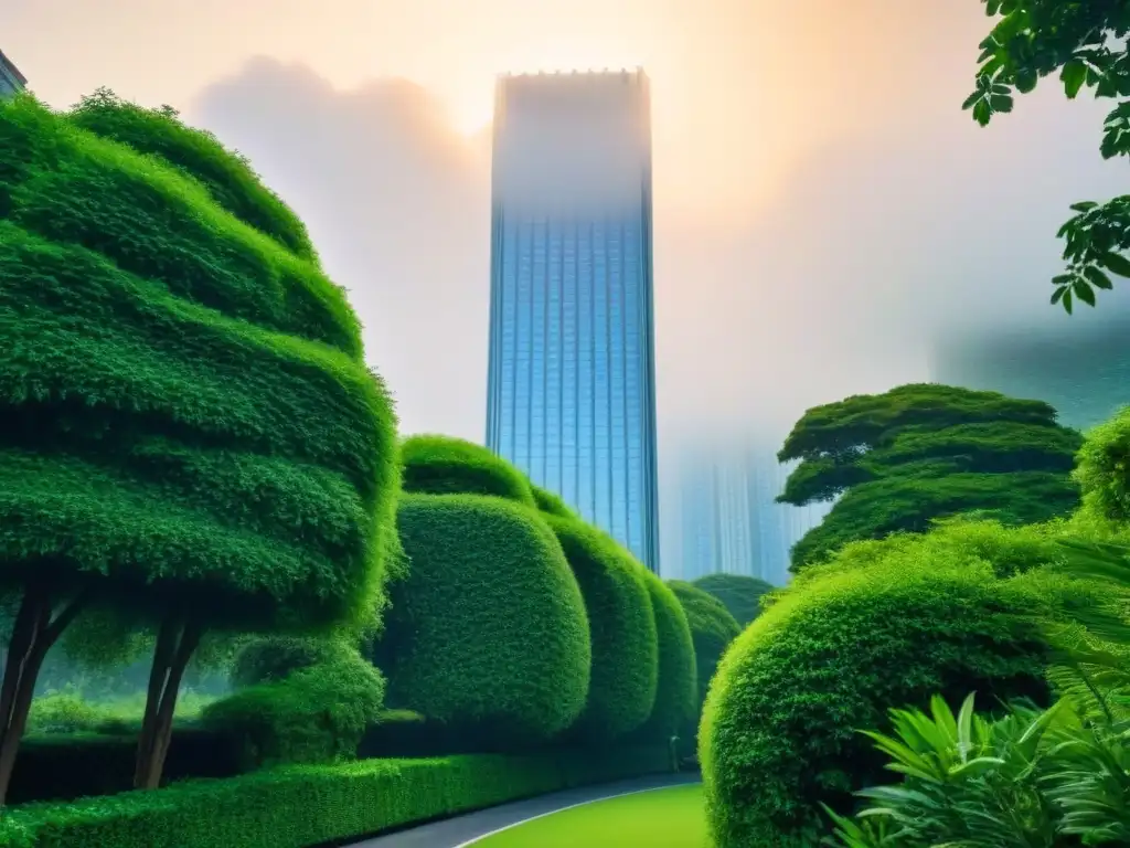 Imponente rascacielos entre vegetación exuberante, simbolizando la financiación de propiedades de alto valor legal en un mercado inmobiliario dinámico