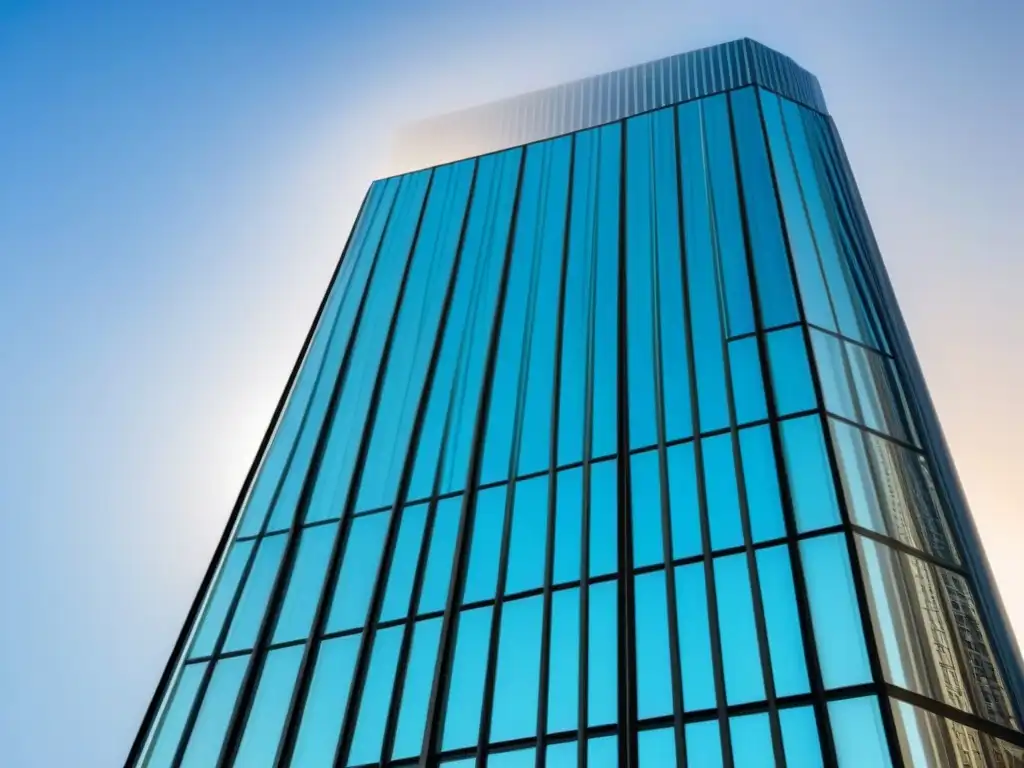 Rascacielos de cristal: transparencia en el mercado inmobiliario Imponente rascacielos de vidrio, reflejando el cielo azul y transmitiendo la importancia de la transparencia inmobiliaria