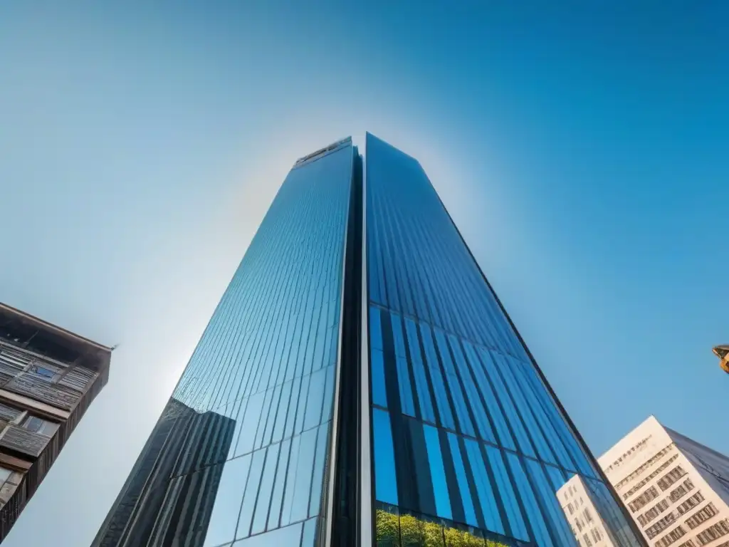 Rascacielos de vidrio: transparencia en el mercado inmobiliario Imponente rascacielos de vidrio reflejando la ciudad, simbolizando la importancia de la transparencia inmobiliaria en el mercado
