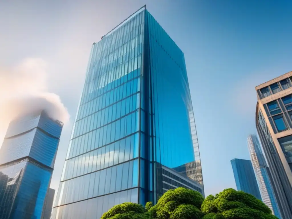 Espectacular rascacielos de cristal transparente en la ciudad Imponente rascacielos de vidrio transparente reflejando la ciudad, resaltando la importancia transparencia financiera en proyectos inmobiliarios