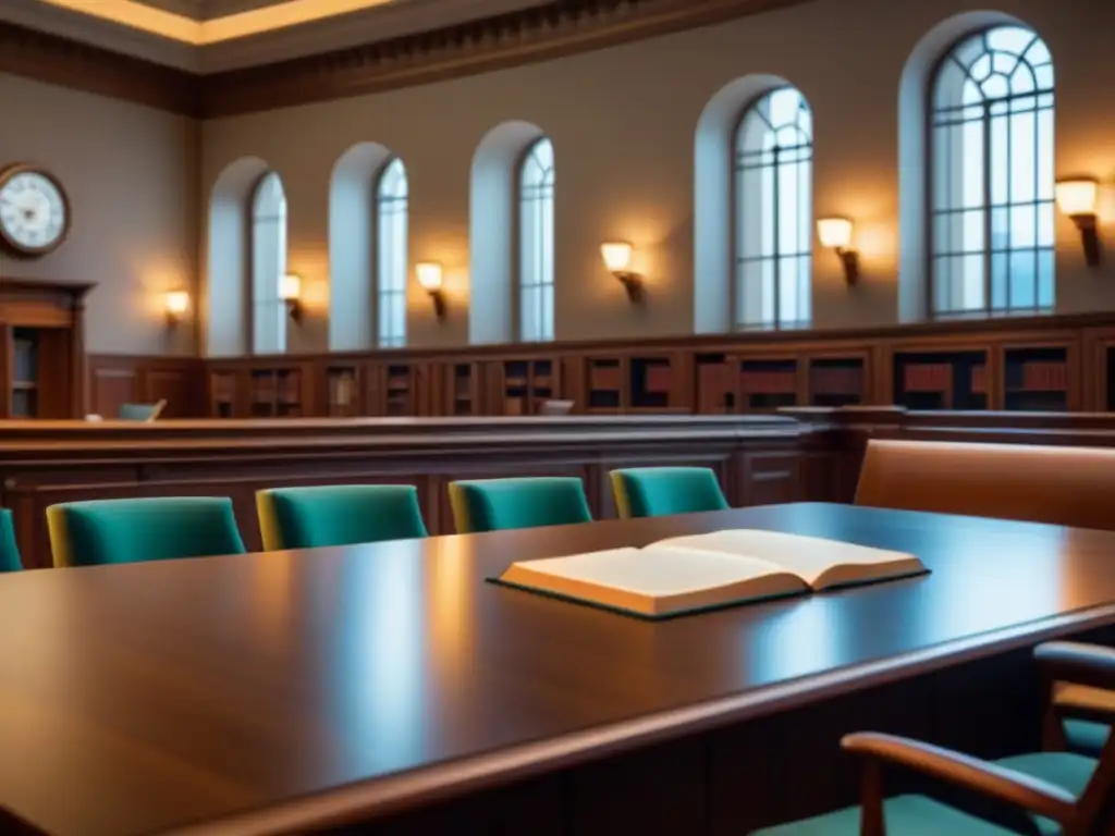 Imagen detallada en 8k de una sala de tribunal moderna y elegante Imponente sala de tribunal moderna con mobiliario detallado y biblioteca legal, ideal para casos de incumplimientos contractuales en bienes raíces