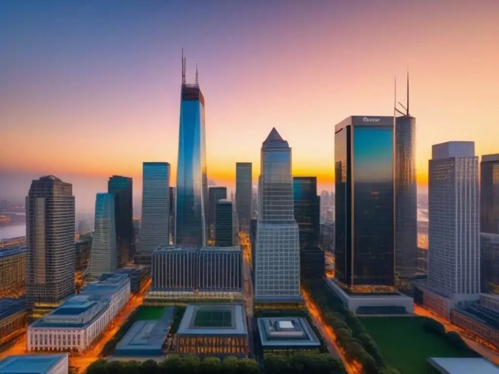 Horizonte financiero: modernidad y sofisticación en 8k Imponente skyline financiero al anochecer, reflejando el sol, evocando productos financieros estructurados para inmobiliarias