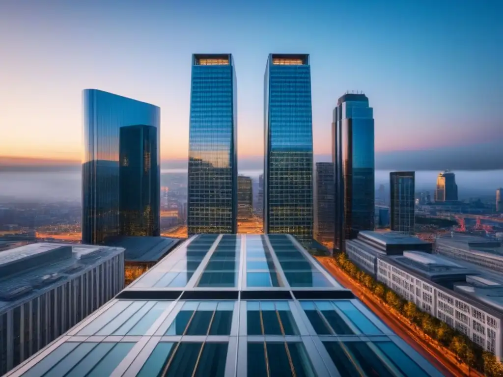 Contraste de REITs: Capital vs Dos imponentes rascacielos contrastantes representando REITs de capital vs hipoteca bajo la cálida luz del atardecer en la ciudad