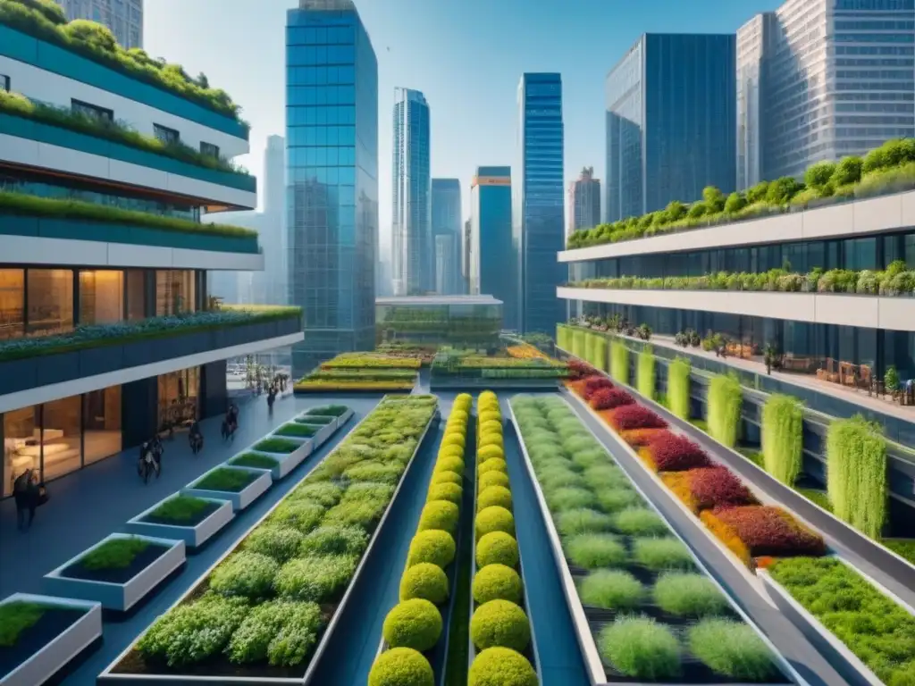 Metrópolis sostenible: arquitectura verde y armonía urbana Importancia de áreas verdes en urbanización sostenible: paisaje urbano moderno con diseño ecológico y espacios verdes integrados