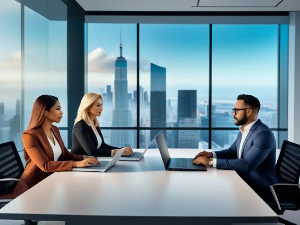 Equipo de asesores financieros innovadores en oficina moderna Importancia de asesores financieros en refinanciamiento del mercado, reunión de expertos en moderna oficina financiera