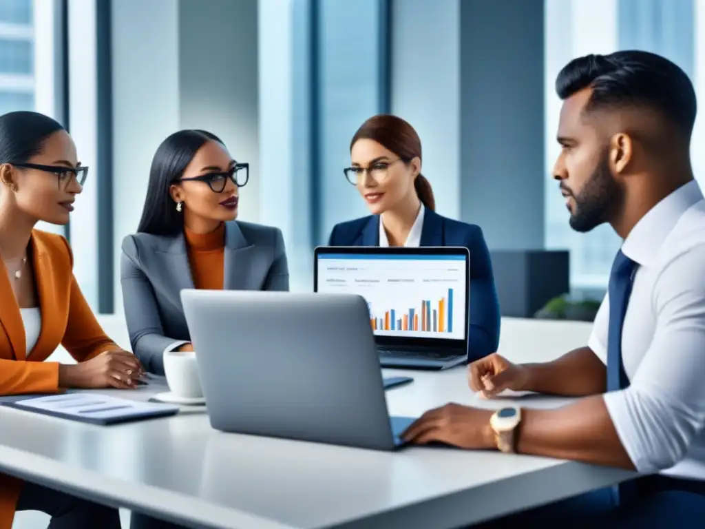 Asesores financieros colaborando en plan de refinanciamiento Importancia de asesores financieros en refinanciamiento del mercado, colaborando en moderna oficina con gráficos y laptops