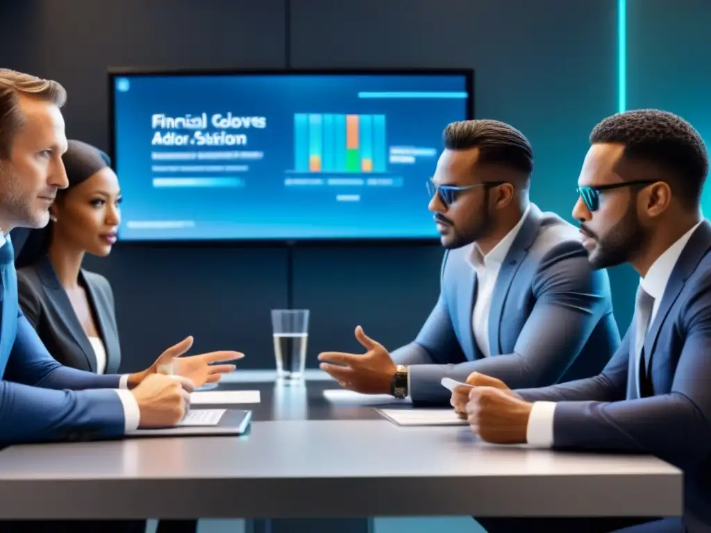 Reunión de asesores financieros en entorno futurista Importancia de asesores financieros en refinanciamiento del mercado: Expertos en animada reunión alrededor de mesa futurista