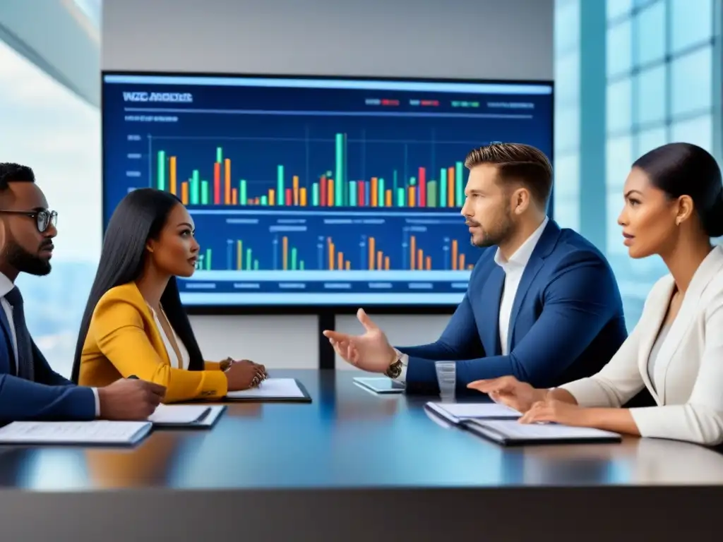 Asesores financieros debatiendo datos en ambiente moderno Importancia de asesores financieros en refinanciamiento del mercado