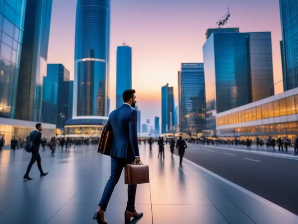 Desarrollo comercial futurista en ciudad vibrante al anochecer La importancia de los bienes raíces comerciales en un paisaje urbano moderno y dinámico al anochecer