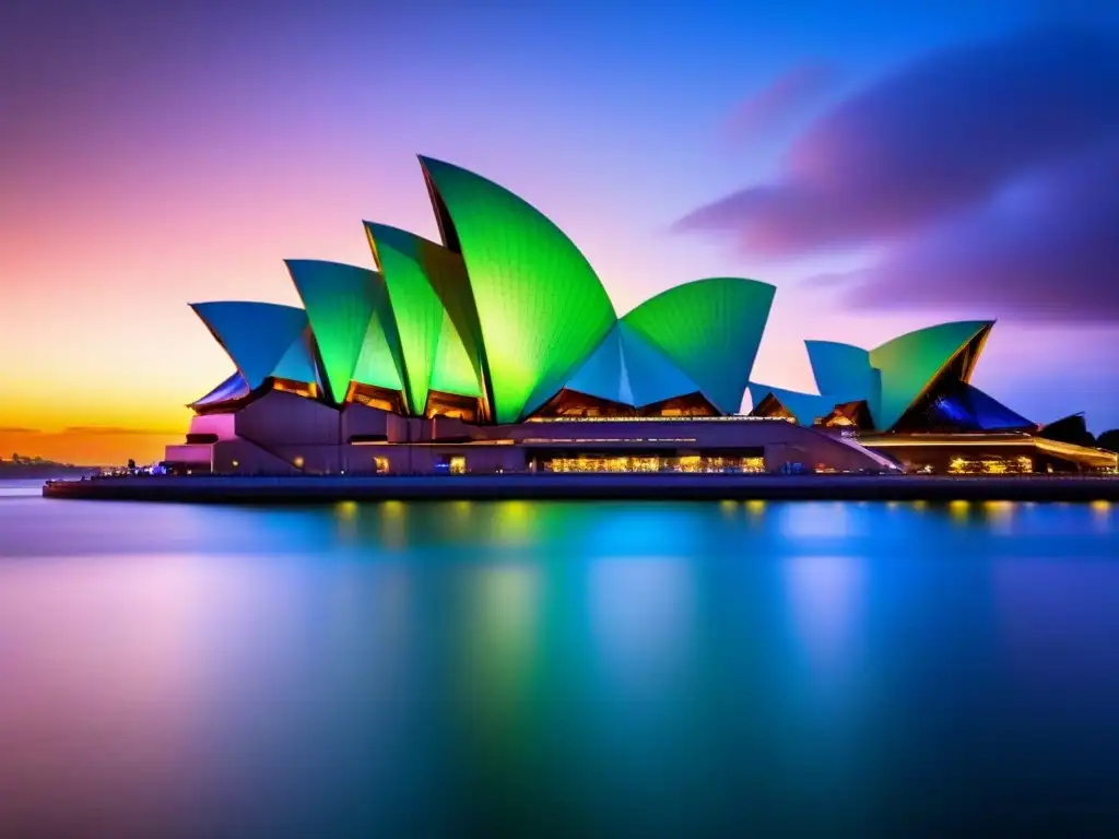 Opera House de Sídney al atardecer: arquitectura icónica Importancia de edificios emblemáticos en la identidad cultural: Sydney Opera House al atardecer, reflejando tonos cálidos del cielo