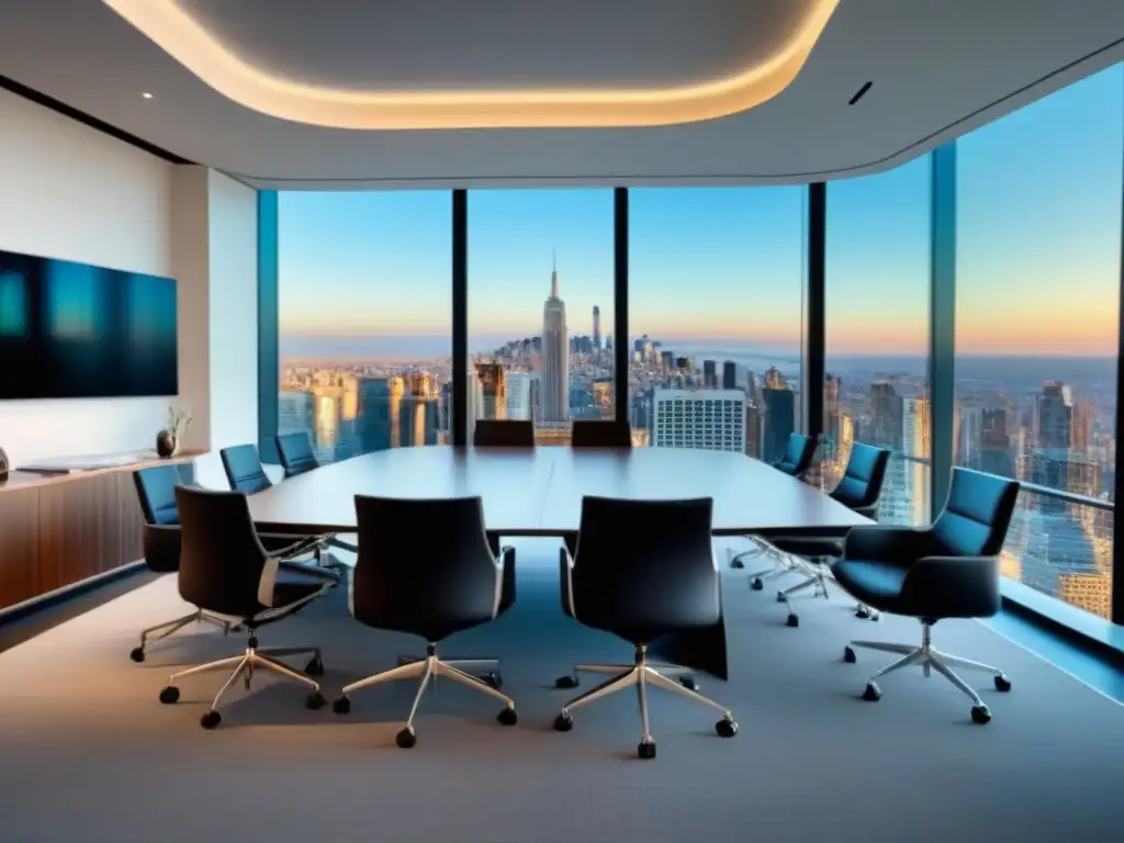 Oficina de lujo con panorámica urbana: ética inmobiliaria Importancia ética en negociación inmobiliaria: Profesionales en discusión en moderna sala de juntas con vista a la ciudad y contrato en pantalla