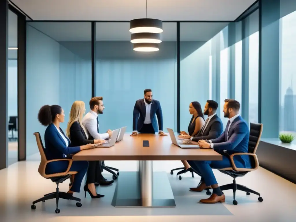 Reunión de profesionales en oficina moderna: negociación inmobiliaria Importancia ética en negociación inmobiliaria: Profesionales se reúnen en oficina moderna para negociar, transmitiendo confianza y colaboración