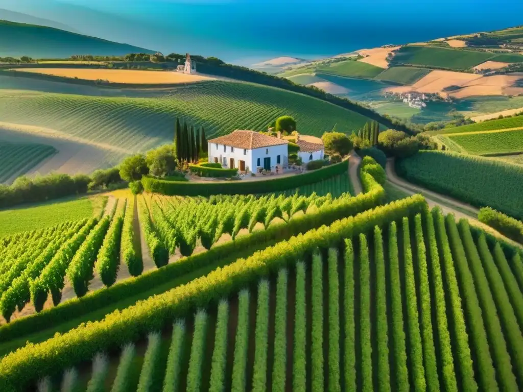 Vistas aéreas de la campiña española: villas y viñedos bajo cielo azul Explora la importancia de la inspección de propiedades en España con este idílico paisaje rural español de colinas, villas blancas y viñedos