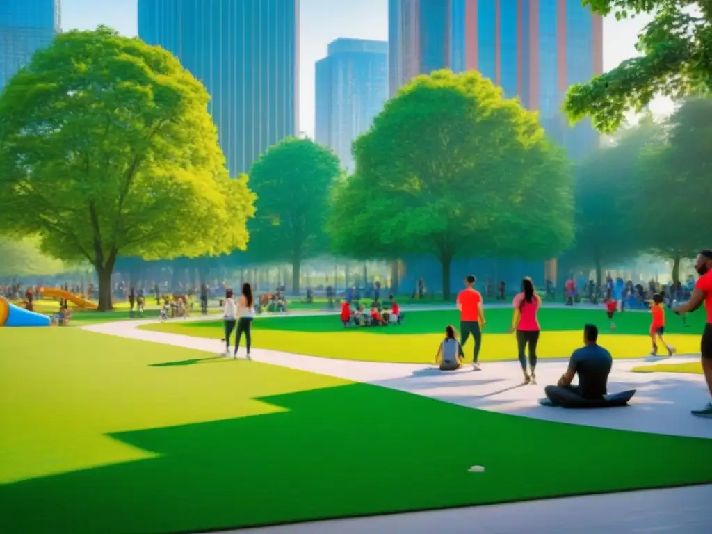 Parque urbano: diversión y convivencia en comunidad Importancia de parques en desarrollo urbano: Diversidad de personas disfrutando actividades recreativas en animado parque urbano en día soleado