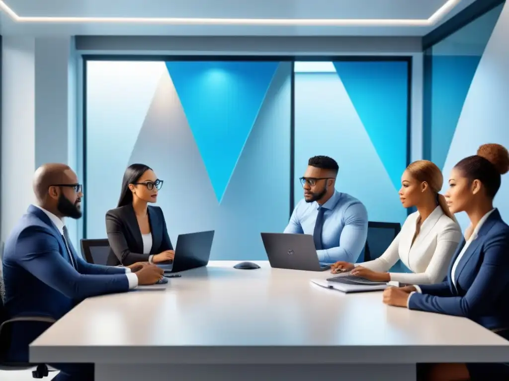 Profesionales financieros discuten seguros de hipoteca en oficina futurista Importancia seguros hipotecarios inversión: Profesionales diversidad discuten opciones en moderna oficina futurista