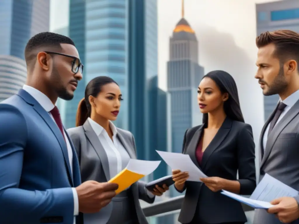 Profesionales de seguros: diversidad y negocios en la ciudad Importancia seguros responsabilidad civil empresas: Ilustración moderna de profesionales de negocios en una ciudad bulliciosa