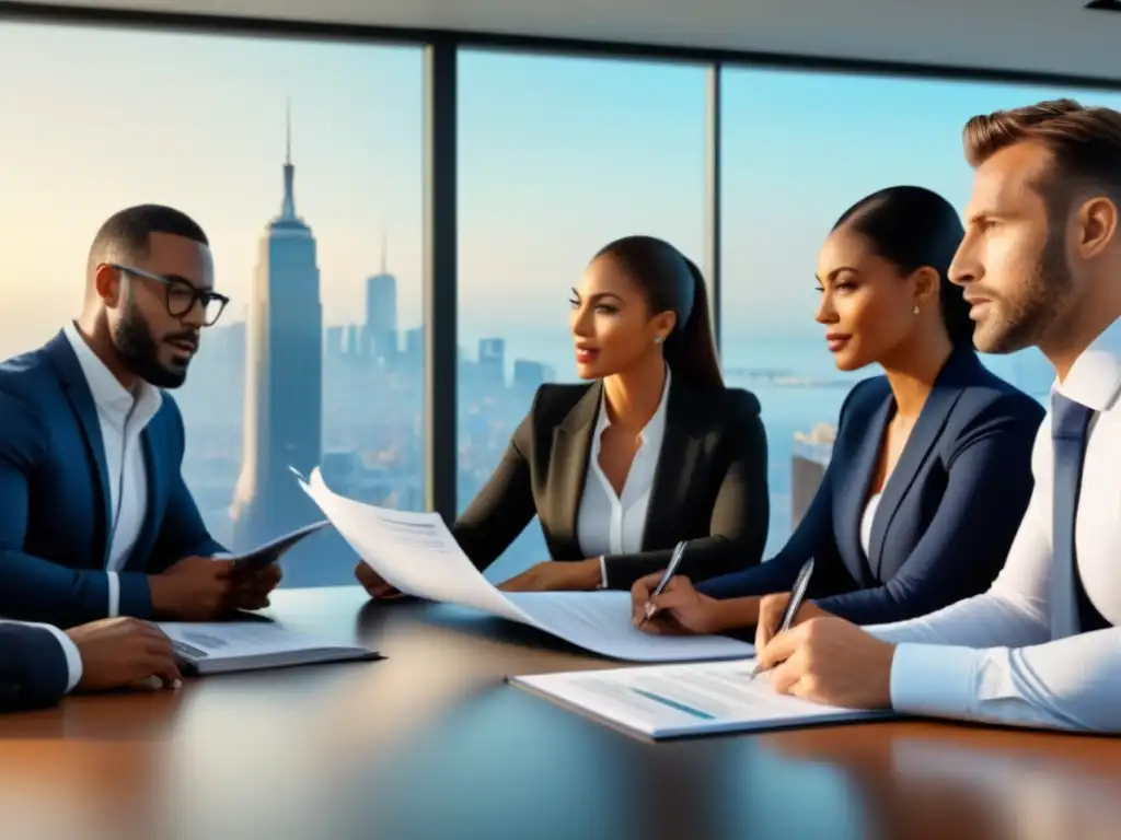 Profesionales debatiendo seguros en oficina moderna Importancia de seguros responsabilidad civil empresas: Profesionales discuten documentos en oficina moderna con vista a la ciudad