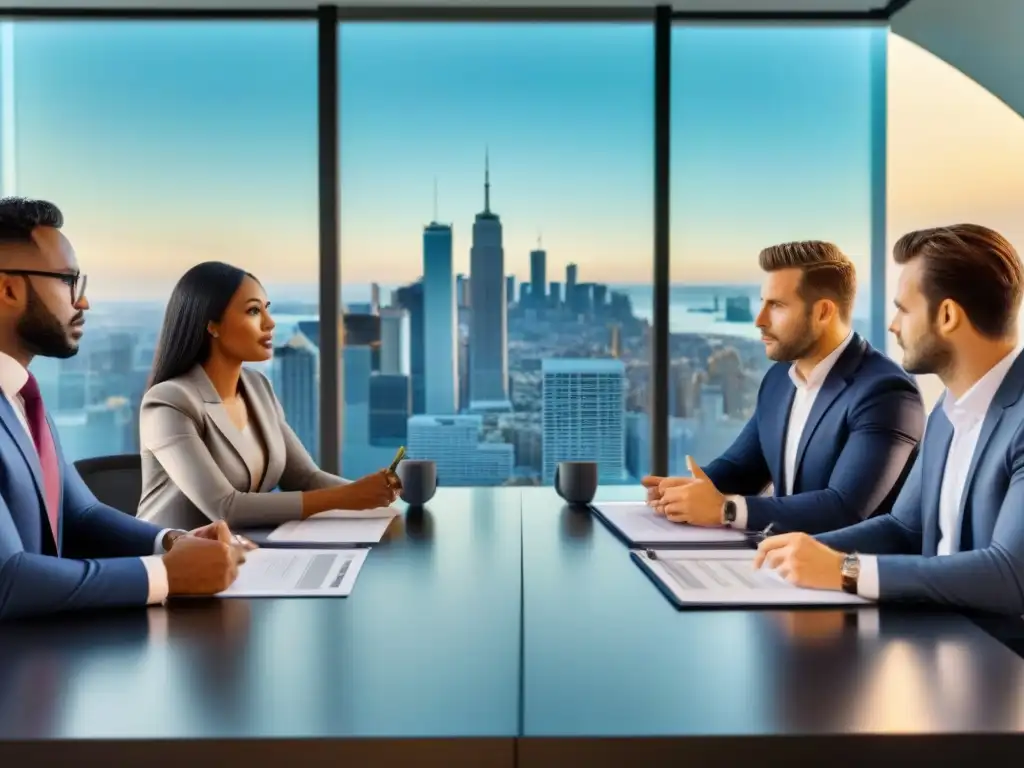 Profesionales inmobiliarios en reunión estratégica de valoración Importancia de tasación inmobiliaria: Profesionales discuten informes de valoración en moderna oficina con vista a la ciudad