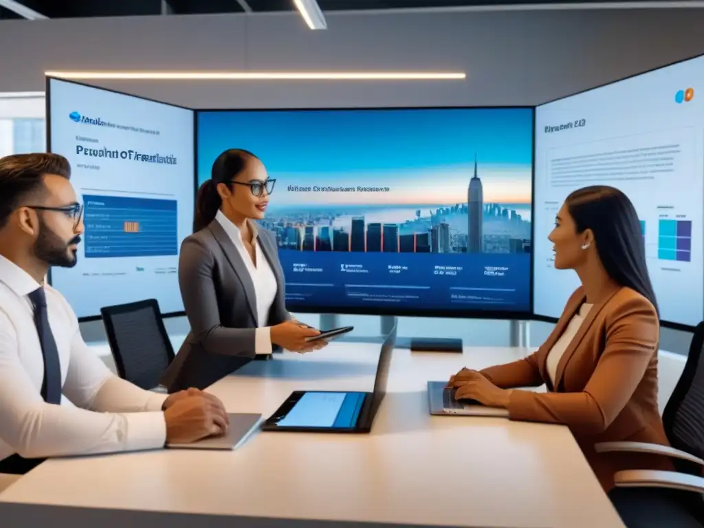 Equipo diverso innova estrategias inmobiliarias en oficina moderna Importante reunión de profesionales en una oficina moderna discutiendo estrategias de inversión inmobiliaria