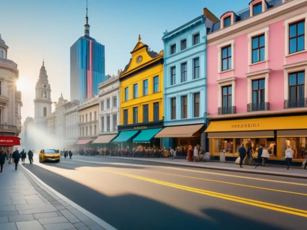 Impresionante calle urbana con mezcla de arquitectura moderna y colonial