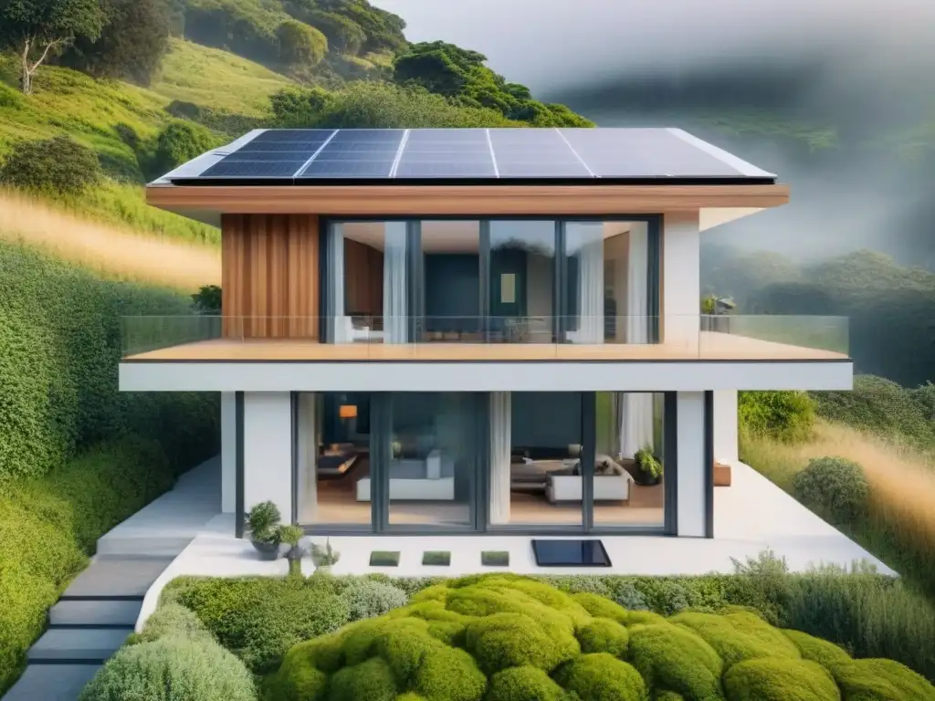 Casa ecológica moderna en armonía con la naturaleza Fotografía de una impresionante casa ecológica rodeada de vegetación, con paneles solares y sistema de reciclaje de agua