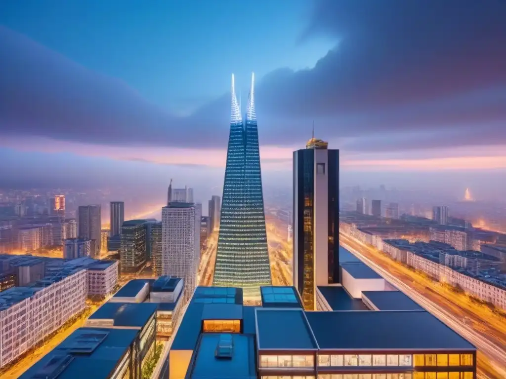 Espectacular atardecer urbano: rascacielos de vidrio y luces vibrantes Impresionante ciudad al atardecer con rascacielos y luces vibrantes