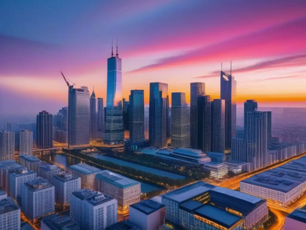 Espectacular atardecer urbano en 8k: impacto de impuestos en bienes raíces Impresionante ciudad al atardecer con rascacielos modernos y cielo anaranjado, reflejando el impacto impuesto actos jurídicos inmobiliario