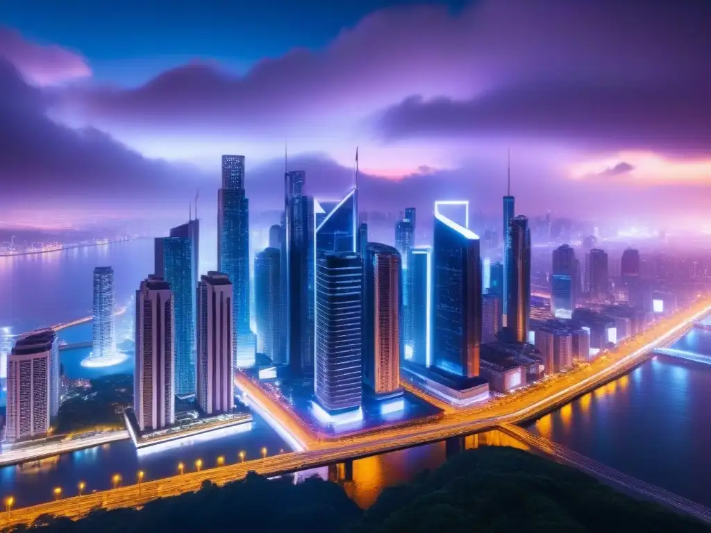 Metrópolis digital futurista: ciberseguridad inmobiliaria Impresionante ciudad digital futurista de noche con luces neón y datos brillantes, simbolizando la ciberseguridad en el sector inmobiliario