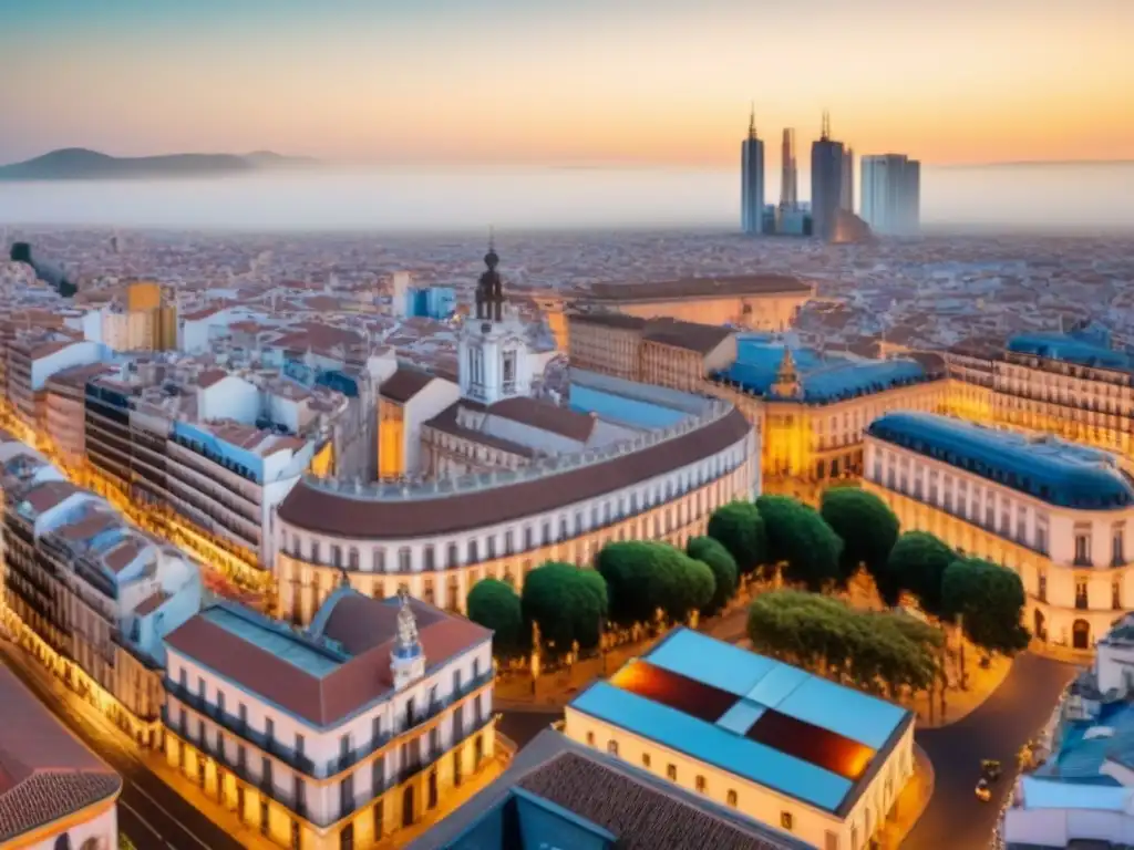 Panorámica impactante de ciudad española: arquitectura histórica, rascacielos y bullicio urbano Impresionante ciudad española con arquitectura histórica y rascacielos modernos