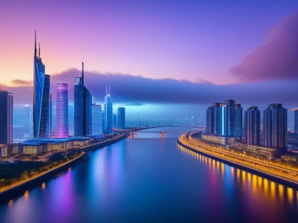 Horizonte futurista: ciudad nocturna y tecnológica en 8k Impresionante ciudad futurista al atardecer con rascacielos iluminados por luces neón, reflejándose en un río calmado