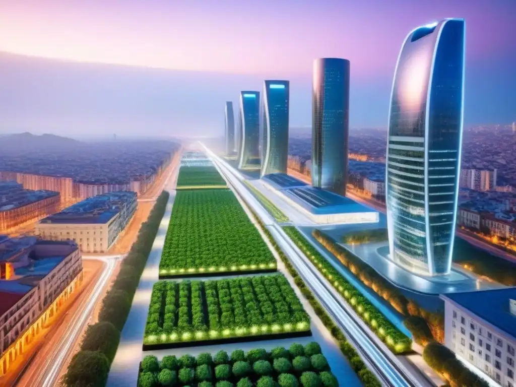 Cityscape futurista en España: rascacielos ecológicos y autos autónomos Impresionante ciudad futurista en España al atardecer, iluminada y sostenible