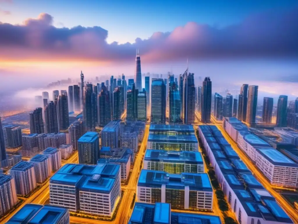 Metrópolis futurista con tecnología blockchain y IA Impresionante ciudad futurista con Blockchain e IA en Bienes Raíces