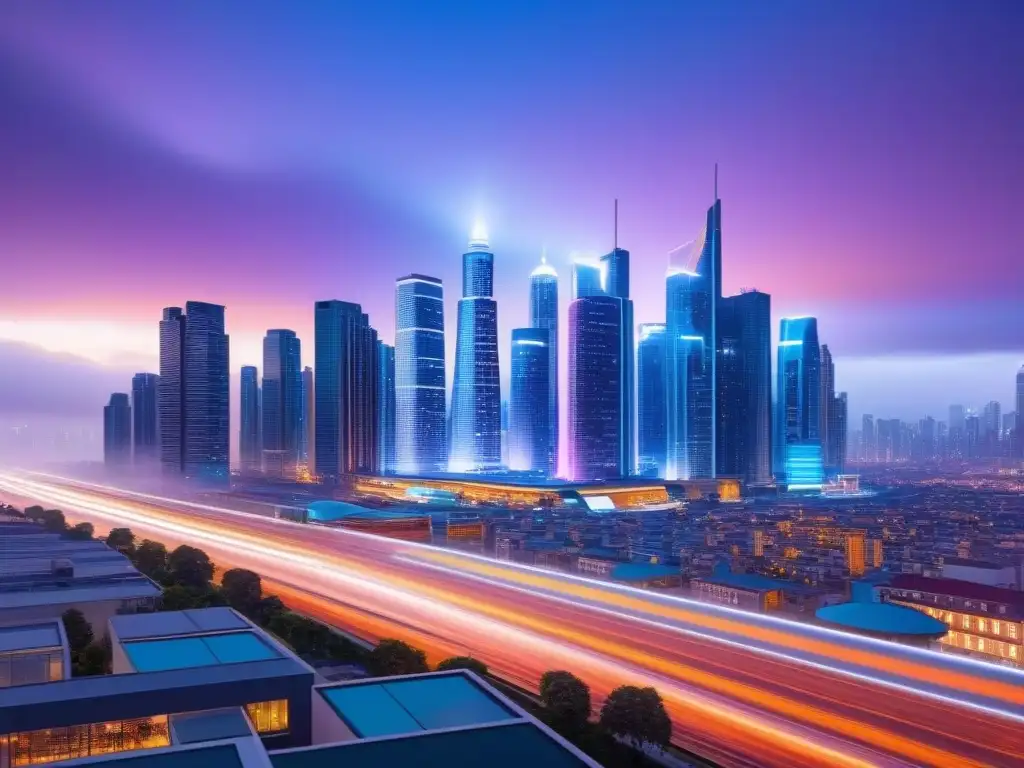 Metrópolis futurista: innovación y colaboración inmobiliaria Impresionante ciudad futurista al anochecer con edificios de cristal y profesionales rodeados de tecnología de vanguardia