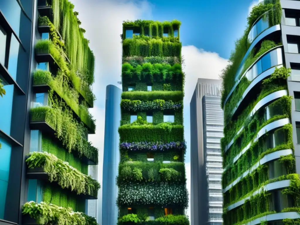 Metrópolis futurista: jardines verticales vibrantes en rascacielos modernos Impresionante ciudad futurista con jardines verticales adornando rascacielos modernos