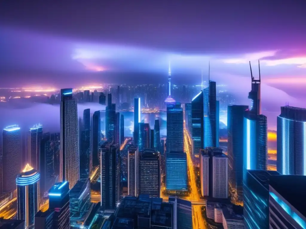 Metrópolis futurista: luces neón y tecnología de vanguardia Impresionante ciudad futurista de noche con rascacielos iluminados con luces de neón, símbolo de modelos predictivos en inversión inmobiliaria