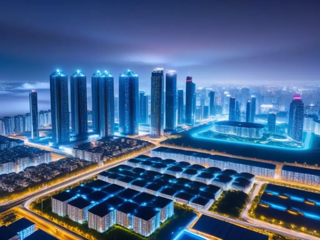 Metrópolis futurista: blockchain, IA y real estate Impresionante ciudad futurista de noche con Blockchain e IA en Bienes Raíces