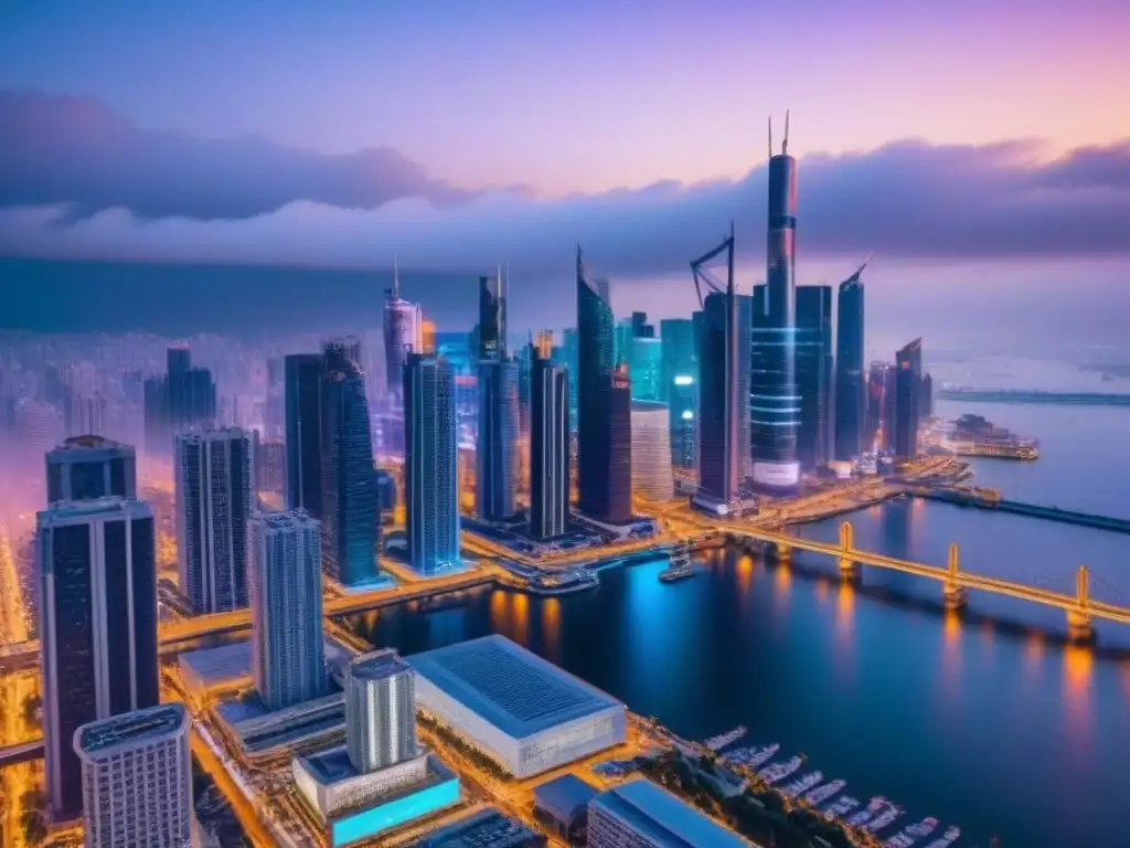 Metrópolis futurista: luces neón y drones en la noche Impresionante ciudad futurista de noche con rascacielos iluminados por luces neón, reflejando el impacto de acuerdos comerciales en el mercado inmobiliario